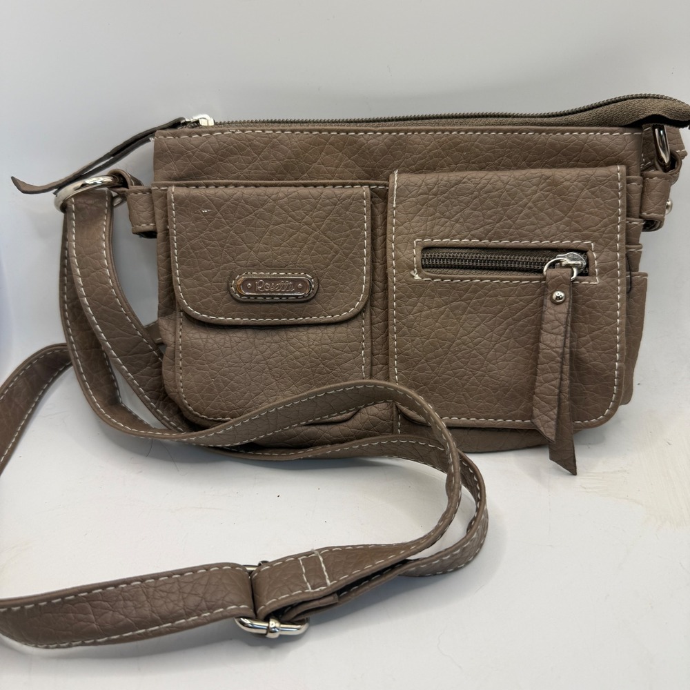 Rosetti Crossbody Bag Taupe Brown Faux Leather Organizer Purse Multi Pocket Mens